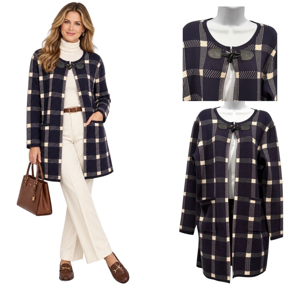 Romimona Cardigan Sweater Long Open Front Navy Windowpane Plaid Preppy Size M